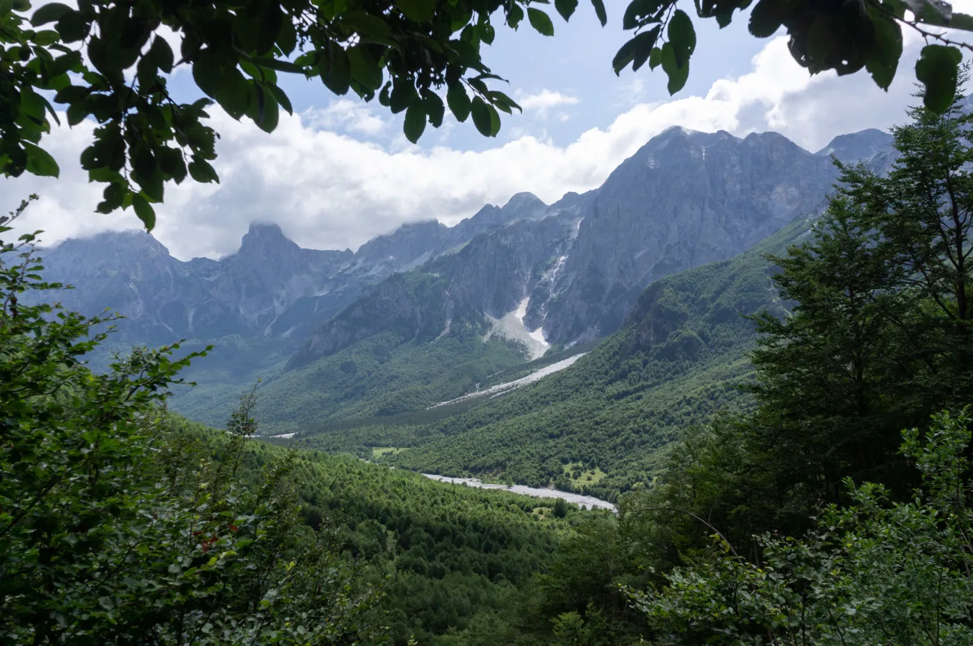 Valbona valley with mountain peaks